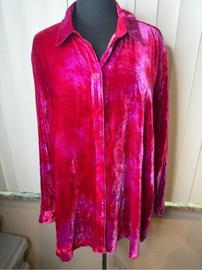John Mark red pink tie-dye velvet long-sleeve button-down tunic top Size Large